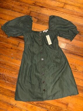 Francesca's Collections Olive Green Puff Sleeve Button-Front Midi Dress